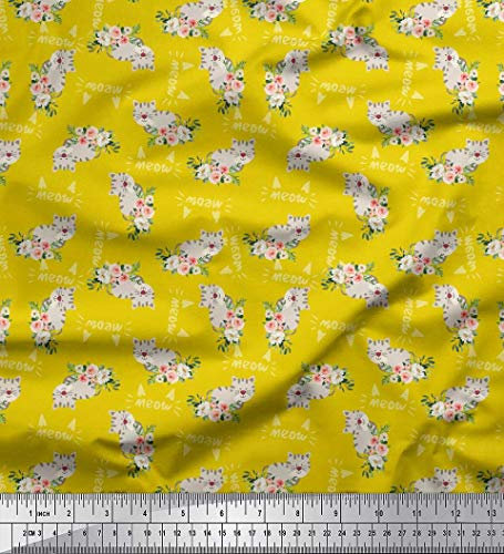 Soimoi Gelb Baumwolljersey Stoff Begonie & Katze Kinder Stoff Meterware 58 Zoll breit