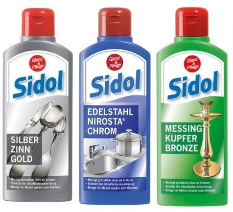 SIDOL SET 3 x je 250ml 1 x Messing Kupfer Bronze 1 x Silber Zinn Gold 1 x Edelstahl Chrom Niro *****Polieren Sie zuverlässig alle Metalle!*****