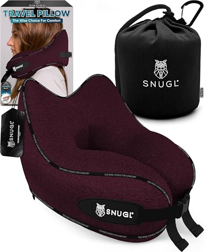 SNUGL Nackenkissen Memory Foam Waschbar & Verstellbar | Kuscheliges Nacken Reisekissen Für Flugzeug, Auto & Unterwegs | Reise-Kissen Nackenhörnchen, Neck Travel Pillow (Dunkelrot, Erwachsener Klein)