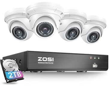 ZOSI 8CH 4K PoE Security Camera System with 2TB Hard Drive,4pcs 3K 5MP Outdoor Indoor PoE IP Dome Cameras,Night Vision,Motion Alert,Remote Access,8 Ports 16CH 8MP NVR Recorder for Home 24/7 Recording