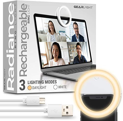 GearLight Selfie Ring Light for Computer or Phone - iPhone Compatible LED Lighting for Laptop Webcam, Video Recording - Rechargeable Circle Clip - Cute Stuff & Room Decor - White - 3.5 inch