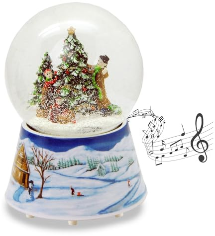 Schneekugel Weihnachtsbaum schmücken | Nostalgie mit Porzellansockel romantische Winterlandschaft mit Spieluhr | Durchmesser 100mm | 20141