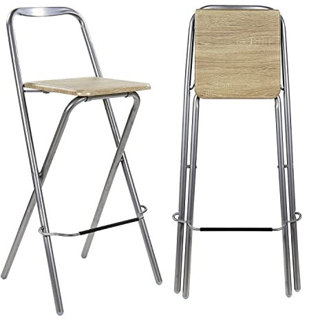 Taylor & Brown Folding Bar Stool Chair Wooden Effect Breakfast Barstool Kitchen Restaurant Seating Silver Frame Foldable Seat Home with Footrest, Natural