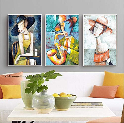 dsdsgog Elegante Dame Saxophon Herren Picasso Stil Kunstdrucke Figur Leinwand Gemälde Nordic Dekor für Wohnzimmer Bilder 60x90cmx3 rahmenlos