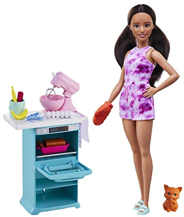 Barbie Coffret Pâtissière avec poupée Mannequin (26 cm, Brune, Petite), Four, Robot pâtissier, Chaton et Accessoires de Cuisine, Jouet Enfant, Dès 3 Ans, HCD44