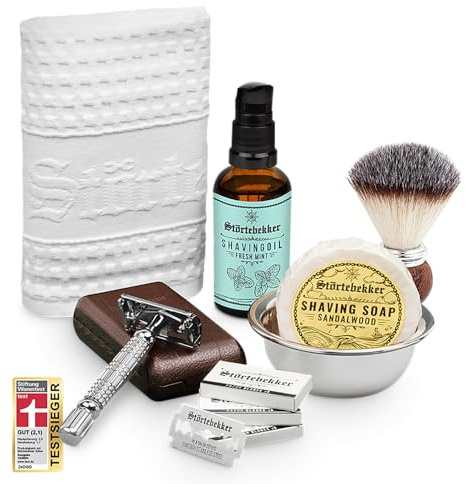 Störtebekker® Premium Rasurpflege Set - inkl. Rasierhobel, Etui, Rasierpinsel, Rasierseife, Rasierschale, Rasieröl und Rasiertuch - hochwertiges Rasierset für die tägliche Rasur - Geschenkidee
