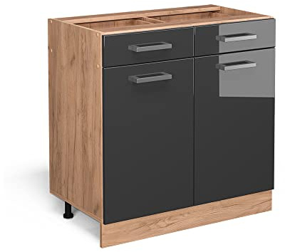Vicco Küchenunterschrank R-Line, Anthrazit Hochglanz, 80 cm | 2 Schubladen · Ohne Arbeitsplatte · Höhenverstellbare Füße · 2 Türen · ✓ Leichter Zugriff