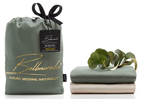 Bellmorale Eucalyptus Silk Pillowcase Set 2 Pack | Luxury Soft 400 Thread Count Tencel Pillow Covers | Natural Sateen Oxford Pillowcases | Lyocell Bedding | Green/Beige, 50 x 75 cm