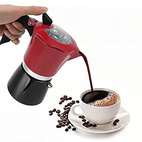 Natudeco Caffettiera Macchina Espresso Caffettiera Stile Italiano Portatile Alluminio con Coperchio Trasparente per Salotti Libreria Aree Tempo Libero(rosso nero)