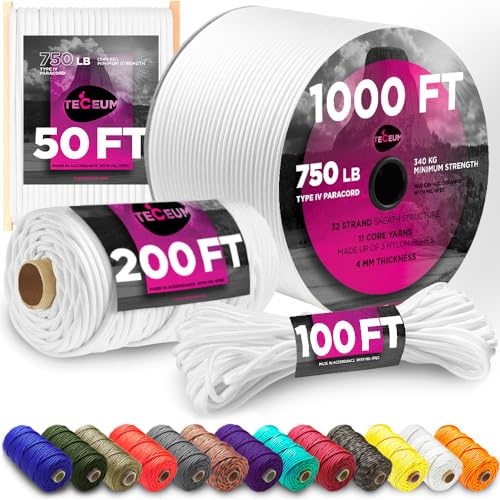 TECEUM Paracord Type IV 750 lb White – 1000 ft – 4mm – Nylon Strong Tactical MIL–SPEC Parachute Cord – Survival Rope Emergency para Cord 11 Strands Core EDC Camping Hiking Military Gear 007a
