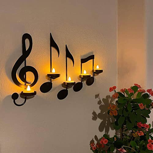 NSXIN Kerzenhalter Wand Deko 4er-Set Musiknotation Wandteelichthalter, Metall Musiknoten Dekorativer Vintage Kerzenständer für Zuhause Hochzeit Wohnzimmer Kaminsims Dekoration