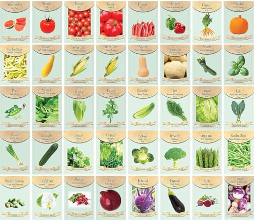 Set of 40 Assorted Vegetable Packets with Beginners Growing Guide & Mylar Storage Bag | Non-GMO | Heirloom