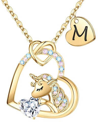 TINGN Einhorn Kette für Mädchen - Geschenke 8-12 Jahre mit Buchstaben M, Schmuck für Kinder