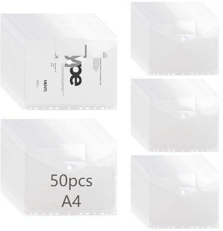 50 Stück Dokumententasche A4 Dokumentenmappe A4 zum Abheften Transparente Dokumententasche Abheftbar mit 2 Klettverschlüsse Sammelmappe mit 11 Lochrand für Schule, Büro, Organisieren