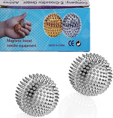 GRUNIL Spiky Massage Ball, Magnetic Balls, Hand Massage Ball Silver Ball 1 Pair, Hand Acupuncture Ball Massage for Adult and Kid, Hand Exercise Squeeze Balls for Pain Pressure and Stress Relief