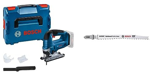 Bosch Professional 18V System Akku-Stichsäge GST 18V-125 B + 5x Stichsägeblatt Expert ‘Hardwood 2-Side Clean’ T 308 BF (für Kunststoffbeschichtete Platten, Multiplexplatte, L 117 mm, Zubehör)