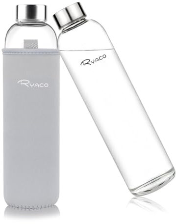 Ryaco Bottiglia d'Acqua 750 ml/25oz, Borraccia Vetro Portatile con Guaina per Bevande Calde e Fredde, Senza BPA, Borraccia in Vetro con Pennello in Spugna, Lavabile in Lavastoviglie