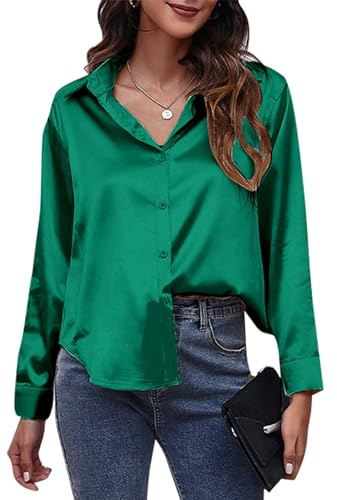 Maeau Bluse Damen Seide Langarmhemd Stehtkragen Locker Blusenshirt V-Ausschnitt Satin Damenshirt Elegant Business Seidenbluse Klassische Knopf Arbeitshemd XL