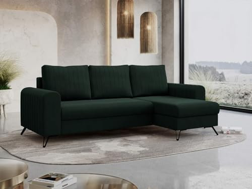 MKS MEBLE Wohnlandschaft Axel – Ecksofa L-Form universal, beidseitig montierbar (Links/rechts), Schlafsofa mit Bettkasten und Schlaffunktion, Couch mit Schlaffläche - Grün Samt (Letto 39)