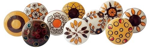 Royal Kraft Sknob019 Keramiska vintagedragknoppar målade i senapsgult och brunt för köksskåp, dörr och låda, garderob, skåp (set med 10)