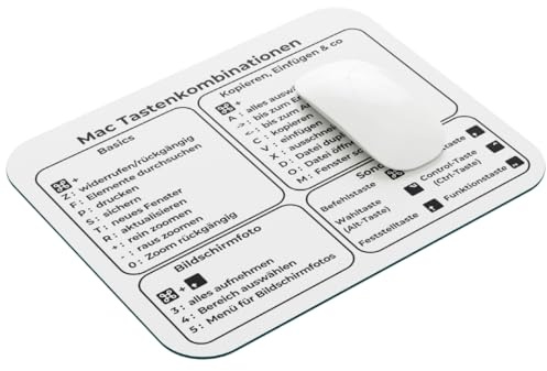 MyPad Mauspad Mousepad Mac Tastenkombinationen Shortcuts Deutsch 24 x 20 cm - rutschfest - Tastenkürzel Übersicht Shortcuts - hochwertiges Polyester - Weiß mit schwarzer Schrift