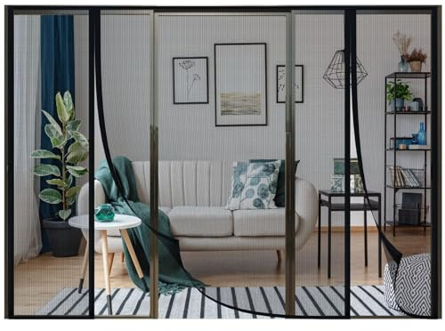 Magnétique Moustiquaire Porte Rideau 220x200cm- Moustiquaire Baie Vitree Coulissante - Mains Libres Installation sans Outil Facile pour Enfants et Animaux de Compagnie,Noir