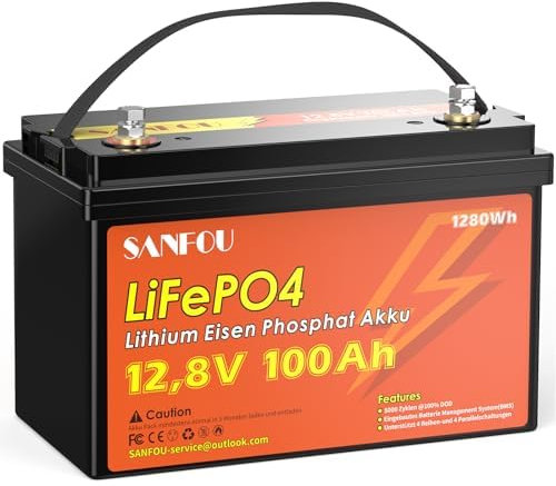SANFOU Batería LiFePO4 12,8V 100Ah, Batería de Litio 1280Wh con BMS 100A, Baterías de Ciclo Profundo 5 000 a 15 000 veces, Soporte para 4S4P, Perfecta como fuente de energía para autocaravanas.