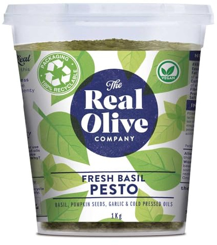 Real Olive Co Fresh Basil Pesto 1kg | Deli Fresh To Your Door | Italian Basil Pesto Sauce | Cold Pressed Oils | Vegan & Nut Free | Authentic Delicious Italian Pesto | Restaurant Quality
