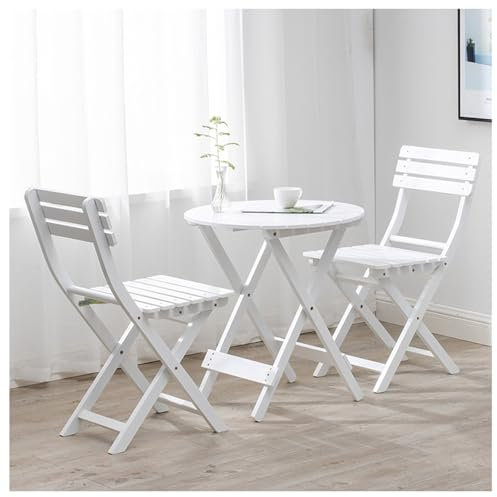 CAFIEDR Weißes Bistro-Set aus Holz, runder Gartentisch mit 2 Klappstühlen für 2 Personen, Esszimmermöbel-Set für Terrasse, Deck, Pool, Balkon