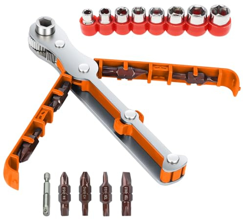 GyssTotr 90 Degree Ratchet Screwdriver 104 in-lb Max Torque, 36-Tooth Stubby Low Profile Mini Ratchet Set, 1/4 Magnetic S2 Steel Bits, 14PCS Compact Offset Driver for Electrician/Mechanic