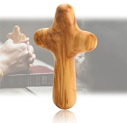 Croce in legno di ulivo da 10 cm, design ergonomico con venature del legno naturale, per comfort, cresima, cattolica, cristiana, regali per preghiera, meditazione e supporto per la malattia