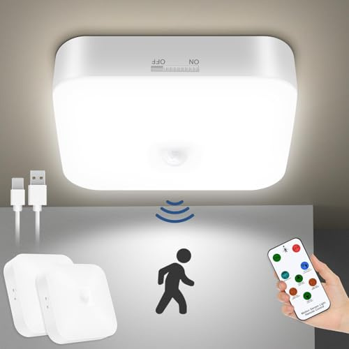 Toowell Plafonnier LED avec détecteur de mouvement - Lampe intérieure avec télécommande - Batterie 10 000 mAh - Rechargeable par USB - Intensité variable - Pour couloir, garage, cave, escalier
