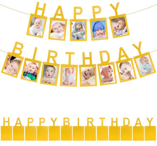 Guirnalda fotográfica de cumpleaños, hilado feliz cumpleaños, dorado, adornos y suministros para primera comunión
