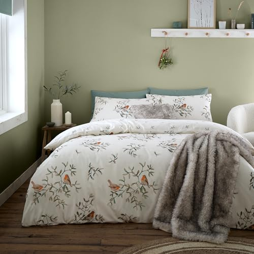 Catherine Lansfield Brushed Mistletoe Robins Cotton Reversible Double Duvet Cover Set with Pillowcases Cream
