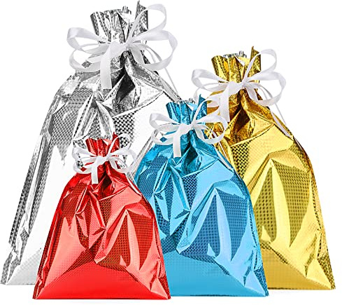 CHUIFAI 24 Stück Geschenktüten mit Kordelzug, 4 Größen Weihnachten Geschenktüten groß set, Bunt Folienbeutel Geschenk Taschen für Geburtstag, Hochzeit, Party