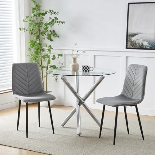 Moderno juego de mesa de comedor redonda de cristal con 2 sillas de terciopelo gris, perfecto para espacios pequeños en casa, oficina, restaurante o área de recepción