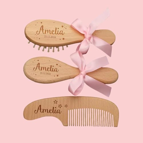 Regalo Personalizado For Bebé, Cepillo Y Peine For El Cabello For Recién Nacidos, Recuerdo De Bebé Grabado Personalizado, Juego De Cepillo Y Peine Personalizado For Niñas, Peine De Cerdas(Pink)