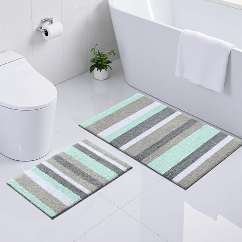 Homaxy Mikrofaser Badezimmerteppich Set 2 teilig–40x60cm+60x90cm,Grün/Grau | flauschig&weich, angenehm auf der haut, hohe saugfähigkeit, rutschfeste rückseite, maschinenwaschbar, weit verbreitet