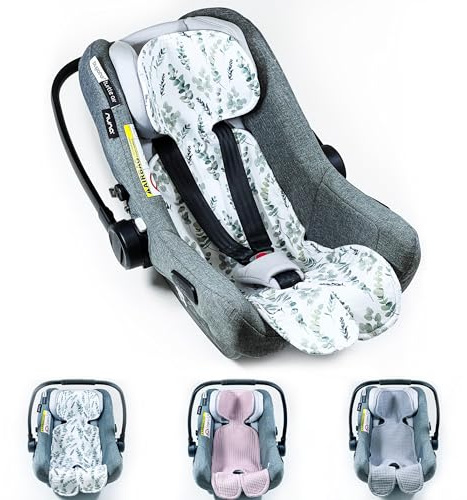 Atmungsaktive Sitzauflage für Babyschale Autositz Kinderwagen Antischwitz, Sitzeinlage Einlage Babyschale universal Gruppe 0+ (0-13kg) Gruppe I (9-18kg) 100% BAUMWOLLE Eukalyptus