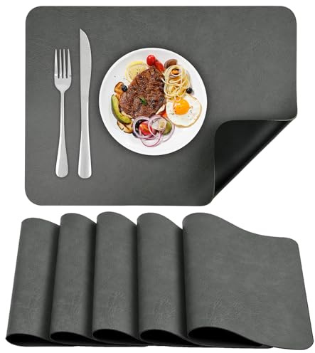 APLKER Tischsets Abwaschbar 6er Set Doppelseitigen Lederoptik Platzsets | Kunstleder Platzdeckchen Abwaschbar Wasserdicht Tischsets Platzsets Abwaschbar Rutschfest für Küche 43 × 30 CM Schwarz/ Grau