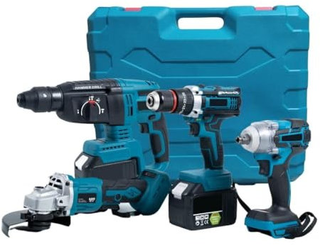 GrecoShop Kit Utensili a Batteria 4 in 1 68V: Trapano Avvitatore a Percussione, Smerigliatrice Flex Angolare, Martello Tassellatore SDS-PLUS, Avvitatore Svita Bulloni Svitabulloni Impulsi + 2 Batterie