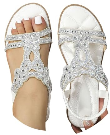 Arch Support Sandals for Women UK Wide Fit Summer Shoes Shiny T-Bar Elastic Slingback Slides Comfortable Soft Sole Open Toe Beach Shoes Lightweight Non-Slip Sandals