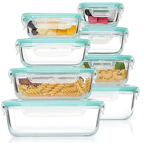 Sanbore 8 Piece Glass Food Storage Containers with Airtight Lids - BPA-Free Meal Prep Containers for Microwave, Oven, Fridge & Dishwasher - Stackable Lunch Boxes