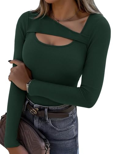 Aottori Haut Femme Manche Longue Col Rond T Shirt Élégant Côtelé Slim Fit Tee Shirt Chic Sexy Basic Irrégulier Respirant Top Décontracté Couleur Unie Vert S