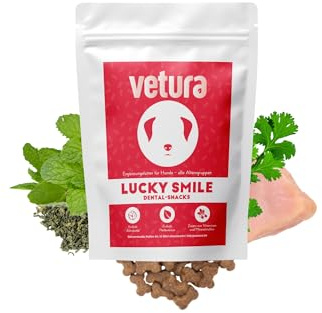 Vetura Lucky Smile | Zahnpflege‑Kauartikel für Hunde & Katzen | Ergänzungsfuttermittel mit Truthahn, Aktivkohle & Pfefferminze | Zur Unterstützung der Maulhygiene | Getreidefrei | 80 Stück