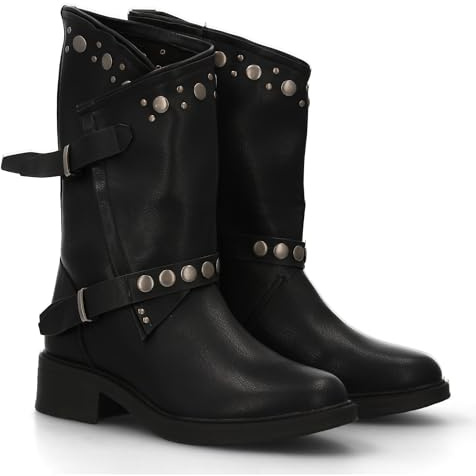 94724 Botas de Mujer Estilo Urbano con Detalles metalicos y Tachuelas. Estampado Liso. Diseno Otono e Invierno, Cierre de Cremallera y Doble Hebilla Decorativa. Negro Talla 38