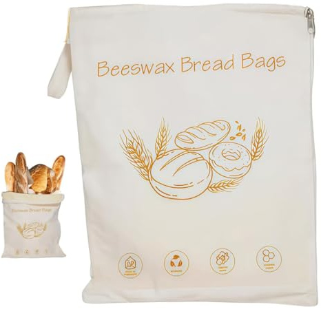 Wide Zipper Access Cotton & Beeswax Bread Bags for Sourdough, XL Reusable Beeswax Food Storage Bags with Zipper, Portable Cotton Food Storage Bag for Home Bakers to Keep Fresh