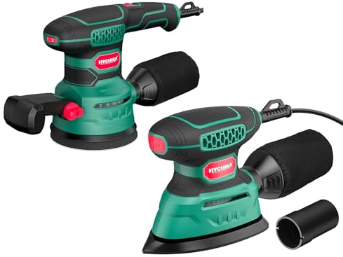 Orbital Sander 3.8Amp 450W, HYCHIKA 6 Variable Speeds Double Handle Palm Random Orbit Power Sander, 5-Inch Electric Sander with 20pcs Sandpapers, Dust Collector for Woodworking