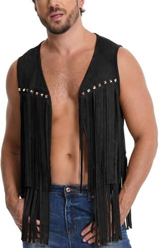 Ausing Men Faux Suede Cowboy Waistcoats Men's Fashion Cowboy Waistcoat for Men UK Open Front Fringe Vest Leather Tassel Outfits Winter Western Tops Loose Vests Solid Gilets Shirts Tshirt Black 2XL