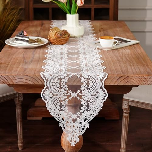 ARTABLE Spitzen Tischläufer Exquisiter Vintage Weiß Dresser Scarf im Shabby Chic Stil für Hochzeiten Feiertage Esstisch (Weiß, 30 × 90 cm)